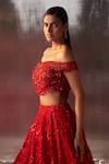 Buy_Angad Singh_Red Net Embroidery Dori Sweetheart Neck Bridal Lehenga Blouse Set 