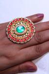 Buy_Studio6 Jewels_Multi Color Pearls, Gota Patti Kundan Embellished Circular Ring _at_Aza_Fashions