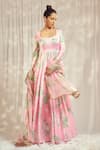 Harshita Singhvi_Pink Georgette Satin Print Bloom Scoop Neck Gathered Flare Anarkali With Dupatta _at_Aza_Fashions