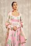 Buy_Harshita Singhvi_Pink Georgette Satin Print Bloom Scoop Neck Gathered Flare Anarkali With Dupatta 