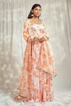 Harshita Singhvi_Orange Georgette Satin Print Blossom Square Gathered Flare Anarkali With Dupatta _Online_at_Aza_Fashions