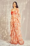 Buy_Harshita Singhvi_Orange Star Organdie Print Camellia Bloom Square Saree With Embellished Blouse _at_Aza_Fashions