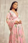 Harshita Singhvi_Pink Georgette Satin Print Phool Plunging V Mirror Work Anarkali With Dupatta _at_Aza_Fashions