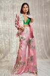 Harshita Singhvi_Pink Silk Print Fleur Mandarin Collar Blazer Flared Pant Set _Online_at_Aza_Fashions