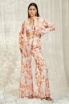 Buy_Harshita Singhvi_Orange Georgette Satin Print Florence Mandarin Collar Blazer Flared Pant Set _at_Aza_Fashions