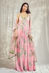 Buy_Harshita Singhvi_Pink Georgette Print Flora Bloom V Neck Anarkali With Dupatta _at_Aza_Fashions