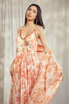 Harshita Singhvi_Orange Georgette Print Fleur Bloom V Neck Anarkali With Dupatta _Online_at_Aza_Fashions