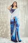 Buy_Harshita Singhvi_Blue Crepe Print Marble Bloom Square Neck Saree With Blouse _at_Aza_Fashions