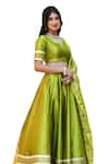 Shop_Suti Kapda_Green Taffeta, Silk Lace V-neck Border Panelled Lehenga Set 