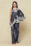 Buy_Anamika Khanna_Blue Denim Embroidered Floral Cape One Shoulder And Pant Set _at_Aza_Fashions