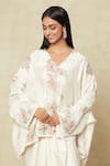 Shop_Anamika Khanna_Ivory Silk Embroidered Floral V Neck Cape Top And Skirt Set _Online_at_Aza_Fashions