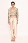 Shop_EEKSHA_Pink Embroidered Floral Jacket Lapel With Draped Skirt _Online_at_Aza_Fashions