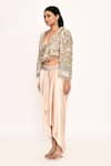 EEKSHA_Pink Embroidered Floral Jacket Lapel With Draped Skirt _at_Aza_Fashions