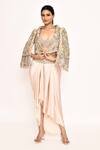 Shop_EEKSHA_Pink Embroidered Floral Jacket Lapel With Draped Skirt 