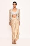 Shop_EEKSHA_Gold Embroidered Floral Blouse Sweetheart Jacket With Draped Skirt _Online_at_Aza_Fashions