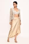 Shop_EEKSHA_Gold Embroidered Floral Blouse Sweetheart Jacket With Draped Skirt 