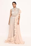 Shop_EEKSHA_Peach Embroidered Jaal Band Neck Sharara Set With Draped Skirt 