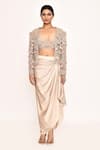 Shop_EEKSHA_Beige Embroidered Jaal Blouse Feather Embellished Jacket And Draped Skirt Set _Online_at_Aza_Fashions