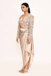 EEKSHA_Beige Embroidered Jaal Blouse Feather Embellished Jacket And Draped Skirt Set _at_Aza_Fashions