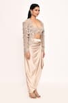 Buy_EEKSHA_Beige Embroidered Jaal Blouse Feather Embellished Jacket And Draped Skirt Set 