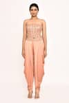 Buy_EEKSHA_Peach Embroidered Floral Cape Ruffled Collar And Dhoti Pant Set _Online_at_Aza_Fashions