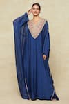 Anamika Khanna_Blue Embroidered V Neck Yoke Kaftan _at_Aza_Fashions