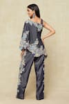 Shop_Anamika Khanna_Blue Denim Embroidered Floral Cape One Shoulder And Pant Set _at_Aza_Fashions