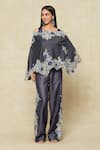 Anamika Khanna_Blue Denim Embroidered Floral Cape One Shoulder And Pant Set _at_Aza_Fashions