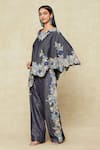 Buy_Anamika Khanna_Blue Denim Embroidered Floral Cape One Shoulder And Pant Set 