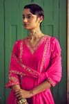 Shop_PUNIT BALANA_Pink Silk Embroidery Foil Applique V Neck Kurta Set _at_Aza_Fashions