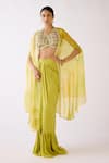 Buy_Basanti - Kapde Aur Koffee_Yellow Organza Embroidery Beads Front Open Border Cape And Draped Skirt Set _at_Aza_Fashions