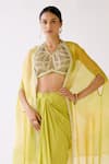 Basanti - Kapde Aur Koffee_Yellow Organza Embroidery Beads Front Open Border Cape And Draped Skirt Set _at_Aza_Fashions