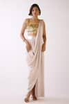 Buy_Basanti - Kapde Aur Koffee_Peach Pleated Satin Embroidery Golden Sequin Pre-draped Saree With Blouse _at_Aza_Fashions