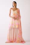 Buy_Basanti - Kapde Aur Koffee_Pink Muslin Print Floral V Neck Iridescent Kurta Sharara Set _at_Aza_Fashions