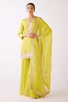 Buy_Basanti - Kapde Aur Koffee_Yellow Organza Embroidery Sequin V Neck Butti Kurta Sharara Set _at_Aza_Fashions