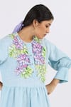 Studio Moda India_Blue 100% Linen Embroidered Floral Applique Round Work Yoke Dress _Online_at_Aza_Fashions