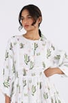 Studio Moda India_White 100% Linen Printed Cactus Round Tiered Dress _Online_at_Aza_Fashions