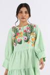 Buy_Studio Moda India_Green 100% Linen Embroidered Floral Applique Round Work Yoke Dress _Online_at_Aza_Fashions