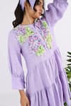 Studio Moda India_Purple 100% Linen Embroidered Floral Applique Round Work Sleeve Dress _Online_at_Aza_Fashions