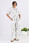 Buy_Studio Moda India_White 100% Linen Printed Cactus Round Jumpsuit _at_Aza_Fashions