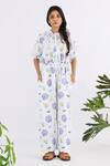 Buy_Studio Moda India_White 100% Linen Printed Floral Round Applique Work Sleeve Jumpsuit _at_Aza_Fashions