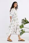 Studio Moda India_White 100% Linen Printed Cactus V-neck Seamless Cross Yoke Midi Dress _Online_at_Aza_Fashions