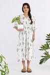 Buy_Studio Moda India_White 100% Linen Printed Cactus V-neck Seamless Cross Yoke Midi Dress _at_Aza_Fashions