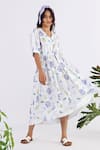 Buy_Studio Moda India_White 100% Linen Printed Floral V-neck Succulent Seamless Cross Yoke Midi Dress _at_Aza_Fashions