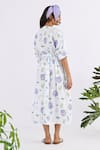 Shop_Studio Moda India_White 100% Linen Printed Floral V-neck Succulent Seamless Cross Yoke Midi Dress _at_Aza_Fashions