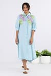 Buy_Studio Moda India_Blue 100% Linen Floral Applique Collar Work Shirt Dress _at_Aza_Fashions