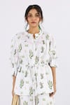 Buy_Studio Moda India_White 100% Linen Printed Cactus Round Drawstring Shirt _Online_at_Aza_Fashions