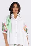 Studio Moda India_White 100% Linen Floral Applique Collar Work Flared Shirt _Online_at_Aza_Fashions