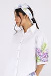 Studio Moda India_White 100% Linen Floral Applique Collar Succulent Work Flared Shirt _Online_at_Aza_Fashions