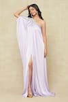 Amit Aggarwal_Purple Satin Embroidered Cord One Shoulder Kaftan _at_Aza_Fashions